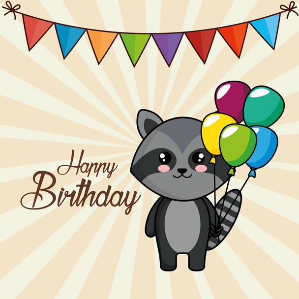 happy birthday card with cute raccoon - Vettoriali, immagini