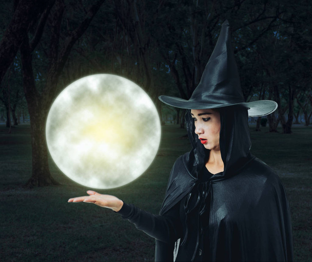 Портрет женщины в черном костюме Страшной ведьмы на Хэллоуин с лунным светом в темном лесу
 - Фото, изображение