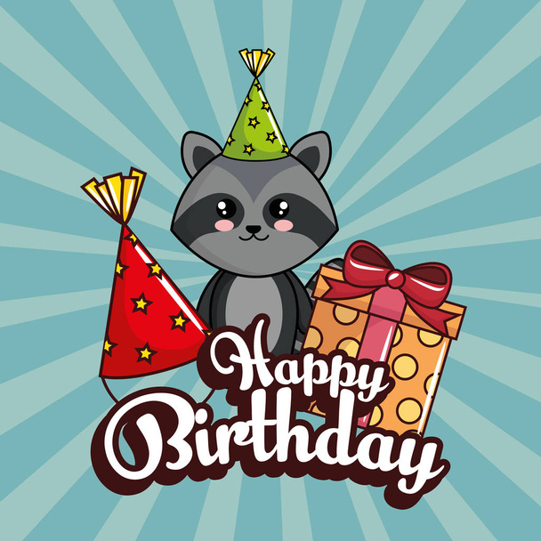 happy birthday card with cute raccoon vector illustration design - Vector, Image
