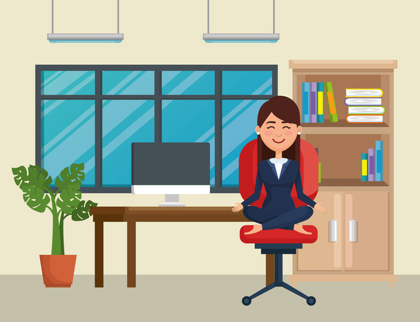 business woman practicing yoga in office chair - Vector, Image