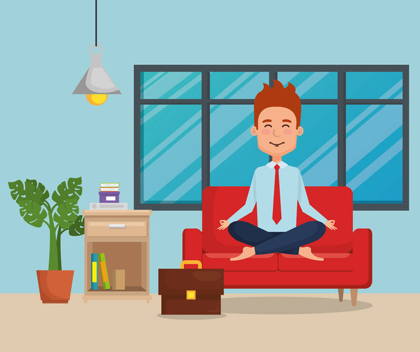 business man practicing yoga in the sofa - Vector, Image