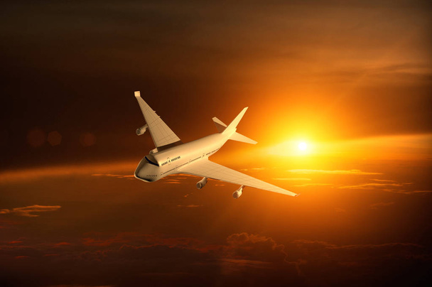 Самолет летит над облаком восход солнца, 3D рендеринг
 - Фото, изображение