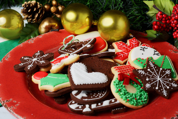 Close up view of Christmas cookies with festive decoration. Christmas concept. - Photo, Image