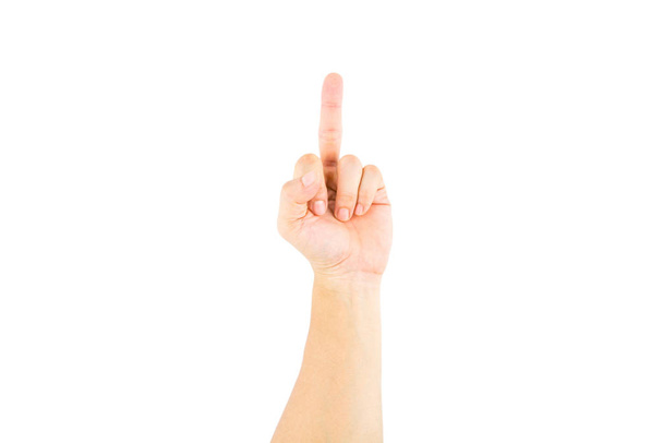 Asiática mano masculina mostrando el dedo medio sobre fondo blanco con camino de recorte
. - Foto, Imagen