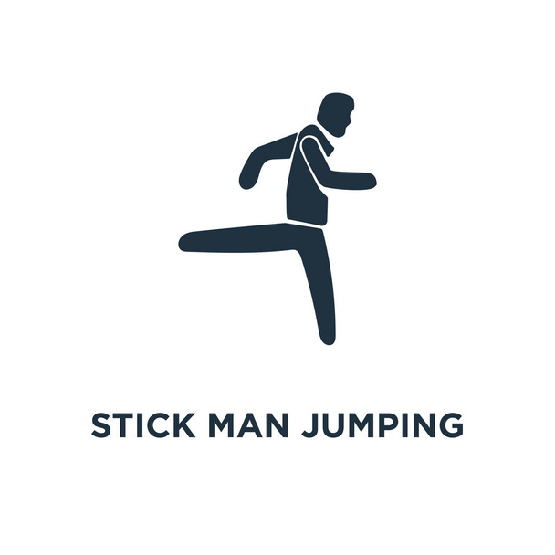 Stick Man hyppykuvake. Musta täytetty vektori kuva. Stick Man Jumping symboli valkoisella taustalla. Voidaan käyttää verkossa ja mobiili
. - Vektori, kuva