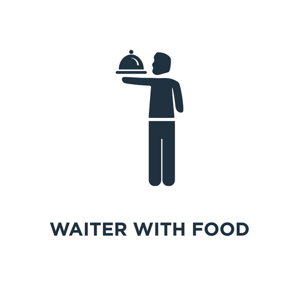 Waiter with Food Tray icon. Black filled vector illustration. Waiter with Food Tray symbol on white background. Can be used in web and mobile. - Vector, Image