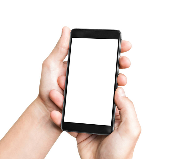 Man`s hand holding mobile smart phone with blank screen, isolated on a white background. - Photo, Image