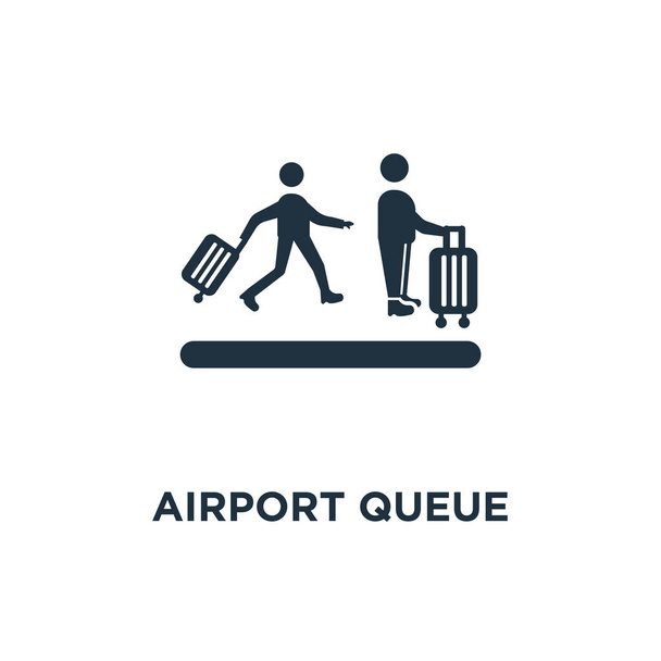 Luchthaven wachtrij pictogram. Zwarte gevuld vectorillustratie. Luchthaven wachtrij symbool op witte achtergrond. Kan worden gebruikt in web en mobiele. - Vector, afbeelding