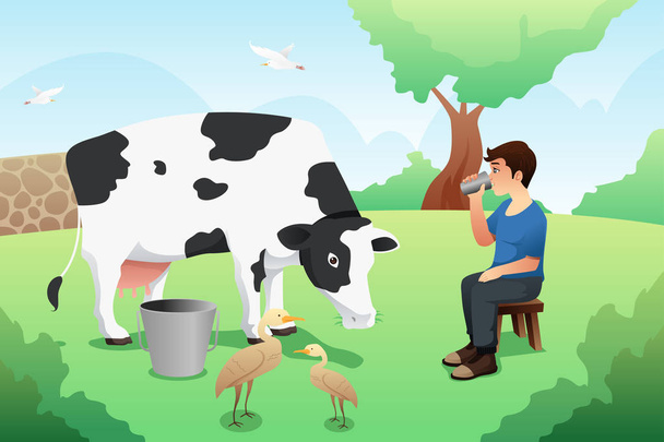 Een vectorillustratie van Boy drinken melk na melken een koe  - Vector, afbeelding