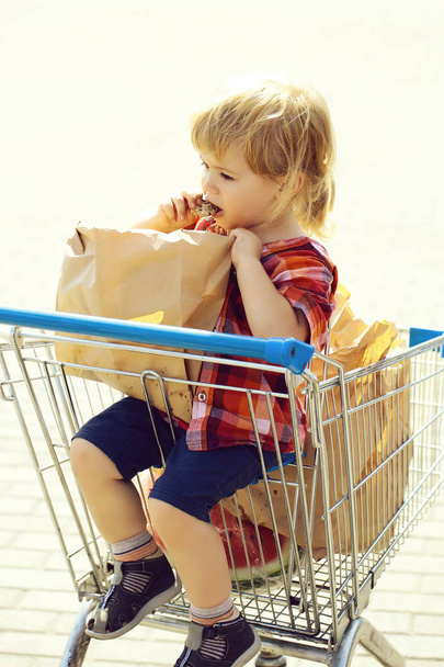 Cute baby boy blond child in plaid shirt sits in shopping trolley and eats cookie from paper packet outdoors on sunny day - Foto, imagen