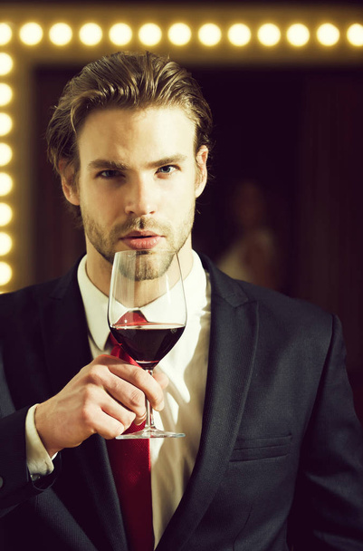 man or businessman hold wine glass, meeting and relax - Foto, Imagem