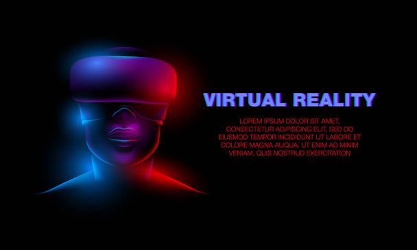 cara femenina de neón 3d con gafas de realidad virtual. Banner de tecnología de realidad virtual y chica
. - Vector, imagen