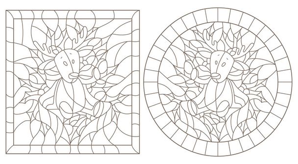Σύνολο του περιγράμματος εικονογραφήσεις σε χρωματισμένο γυαλί στυλ για την Πρωτοχρονιά και τα Χριστούγεννα, βελούδινα άλκες, κλάδους ελαιόπρινου και κορδέλες στο πλαίσιο, στρογγυλή ή τετράγωνη εικόνα - Διάνυσμα, εικόνα