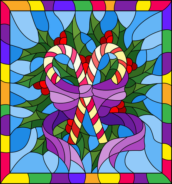 Иллюстрация в витражном стиле на Новый год и Рождество, полосатые конфеты, ветки Холли и ленты на синем фоне в яркой рамке
 - Вектор,изображение