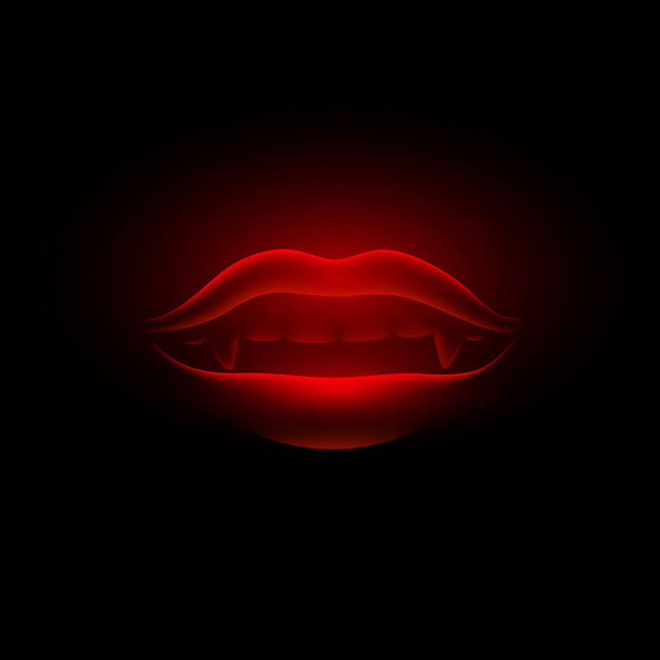 Rode neon en gloeiende vampier mond op een zwarte achtergrond. Vector realistische 3d meisje lippen met een vampier tanden. - Vector, afbeelding