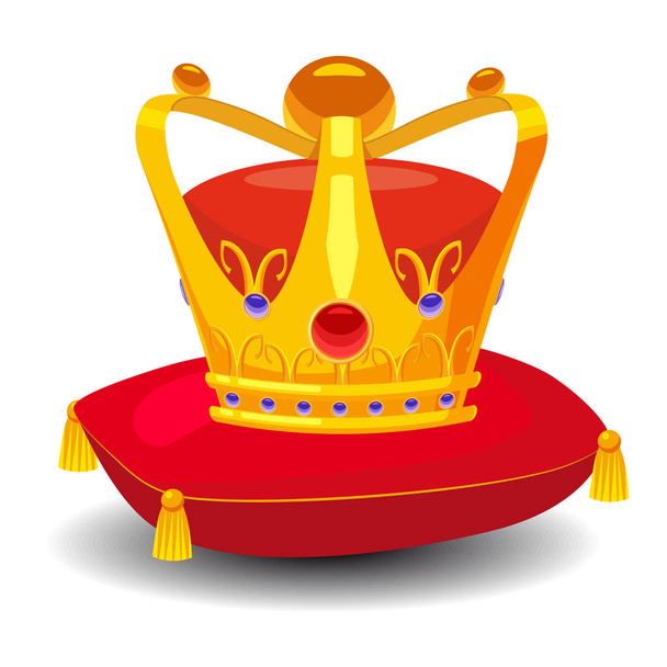 Gold crown with precious stones, on red pillow, cartoon style, vector illustration - Wektor, obraz
