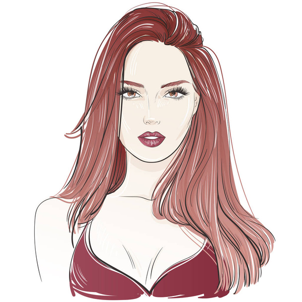 Fashion sexy beautiful woman with long red wavy hair. Vector hand drawn illustration. - Διάνυσμα, εικόνα