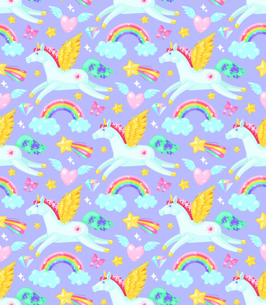 Seamless pattern with unicorns,hearts,clouds, rainbow and others elements on lilac background. - Vector, afbeelding