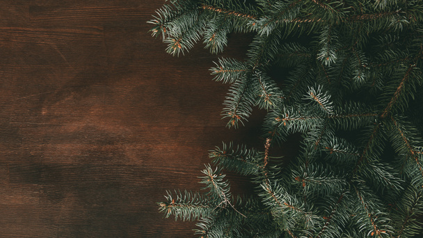 green fir branches on dark wooden background - Foto, Imagen