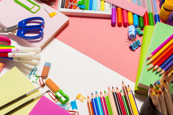 Colorful school supplies on colorful background,  top view - Zdjęcie, obraz