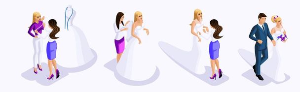 Isometry of a man and woman at the wedding, the bride and groom, preparation for the wedding, fitting the dress, sewing workshop, beautiful attire of the bride - Vector, Image