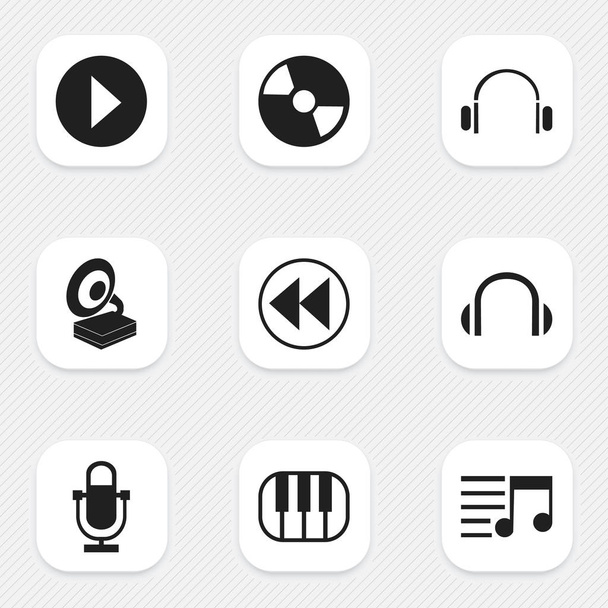 Set of 9 editable song icons. Includes symbols such as play button, octave, rewind and more. Can be used for web, mobile, UI and infographic design. - Vector, Image