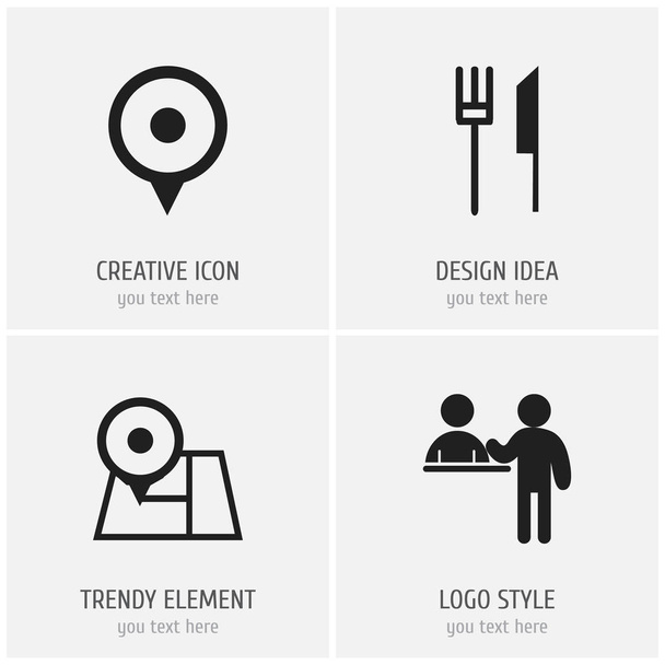 Sor 4 szerkeszthető utazás ikonok. Magában foglalja a jeleket, mint például a pin, recepciós pult, evőeszköz és így tovább. Lehet használni a web, mobil, Ui és infographic design. - Fotó, kép