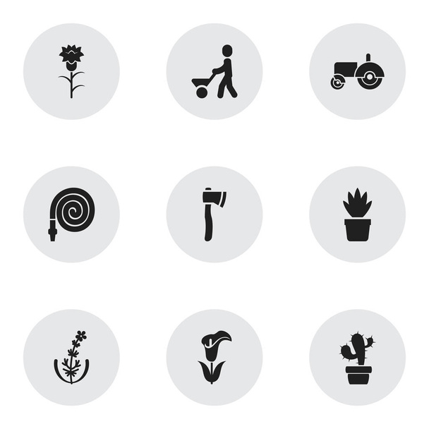 Set von 9 editierbaren Gartensymbolen. enthält Symbole wie Traktor, Kaktus, Calla und mehr. kann für Web-, Mobil-, UI- und Infografik-Design verwendet werden. - Foto, Bild