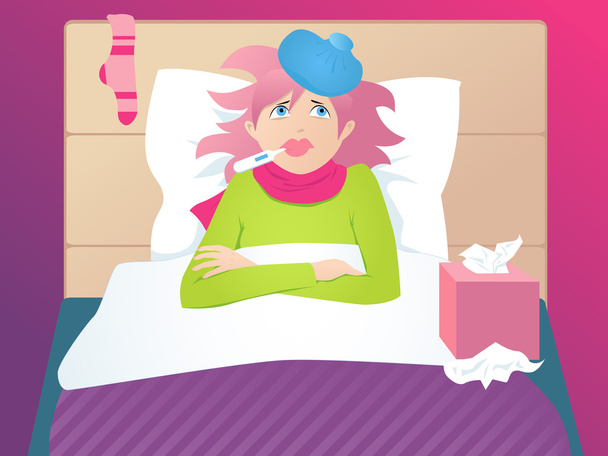 Cute woman sick with a thermometer - Vector, Image