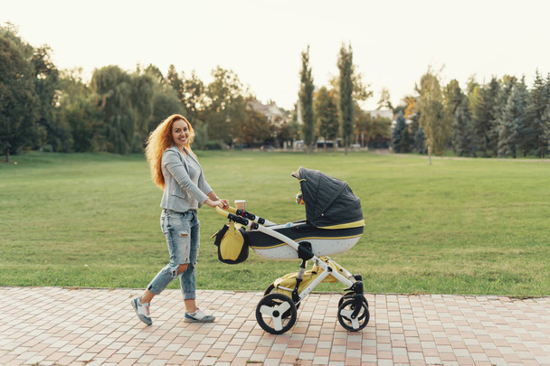 Una giovane madre che si gode la passeggiata nel parco con il suo bambino che si rilassa nel suo carrello
. - Foto, immagini