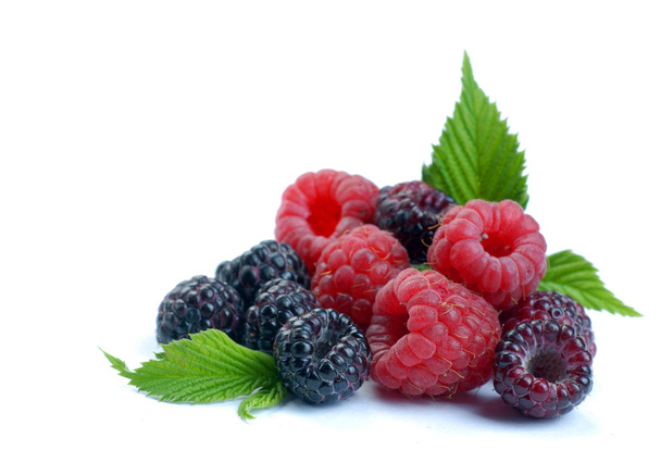 Red and black raspberry with leaves - Foto, afbeelding