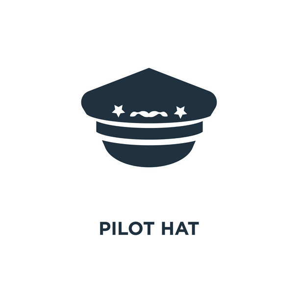 Пілотний капелюх значок. Чорні заповнені Векторні ілюстрації. Символ Pilot Hat на білому тлі. Може використовуватися в Інтернеті та мобільному
. - Вектор, зображення