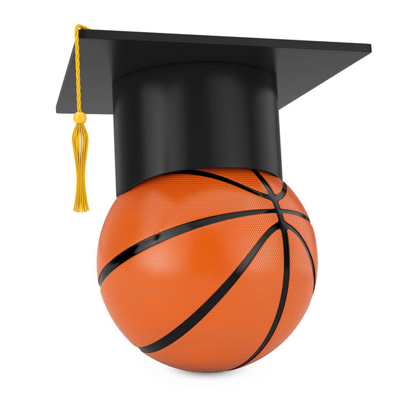 Graduation Academic Cap over Orange Basketball Ball on a white background. 3d Rendering - Photo, Image