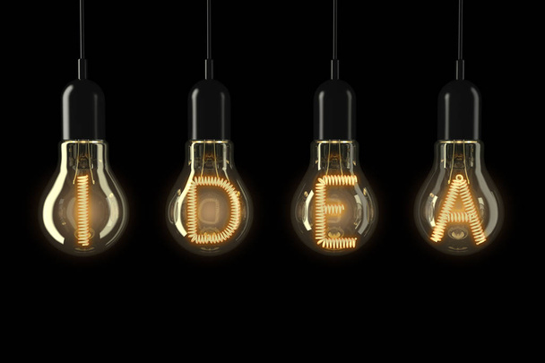 Light Bulbs Illuminated Idea Sign on a black background. 3d Rendering.  - Photo, Image