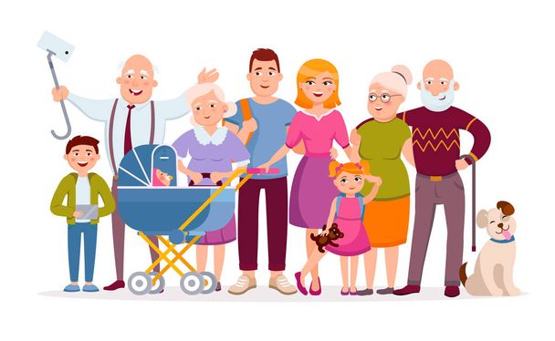 Velké rodinné stojící společně jako rodinný portrét kreslený znaky v vektor plochý design. Matka, otec, baby, děti, prarodiče, pet, obrovský set kreslených lidí pro dospělé a mladé izolované. - Vektor, obrázek