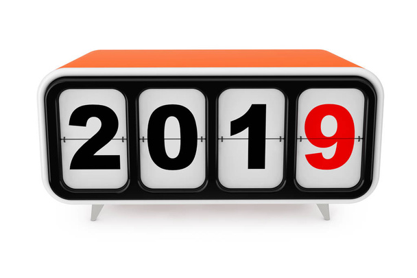 Retro Flip Clock with 2019 New Year Sign on a white background. 3D-рендеринг
 - Фото, изображение