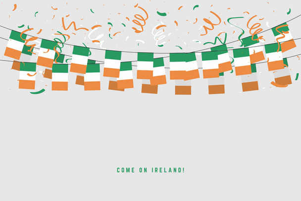 Vlajka Irsko věnec s konfety na šedém pozadí, pověsit, ulil Irsko oslava šablona nápisu. - Vektor, obrázek