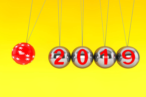 Concepto de Año Nuevo. Esferas de Newton con 2019 sobre fondo amarillo. Renderizado 3d
 - Foto, imagen