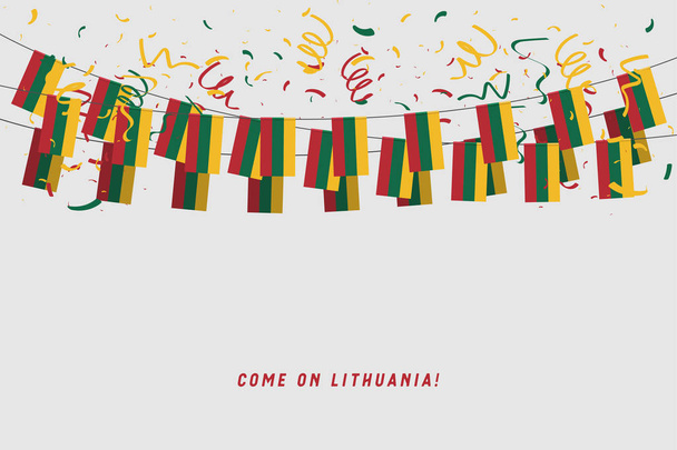 Vlajka Litva věnec s konfety na šedém pozadí, pověsit, ulil Litva oslava šablona nápisu. - Vektor, obrázek
