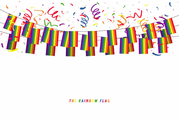 Gay vector vlag of Lgbt garland vlag met confetti op witte achtergrond. Gay cultuur symbool. - Vector, afbeelding