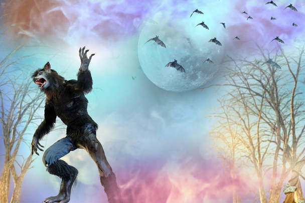 werewolf on Halloween background 3D render - Photo, Image