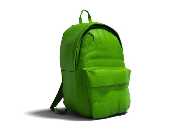 Modern green leather backpack in school for children and teens left view 3D rendering on white background with shadow - Photo, Image