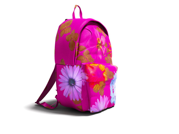 Сучасний рожевий рюкзак в школі для дівчат і підлітків з квітами ізольований 3D рендерингу на білому тлі з тіні
 - Фото, зображення