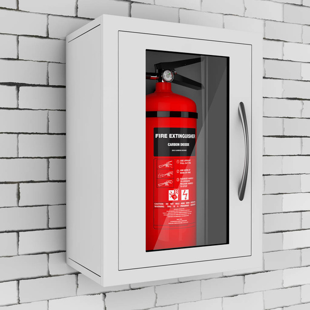 Κόκκινο πυροσβεστήρα σε έναν τοίχο τοποθετημένα έκτακτης ανάγκης κουτί αποθήκευσης μπροστά από τον τοίχο από τούβλα. 3D rendering - Φωτογραφία, εικόνα