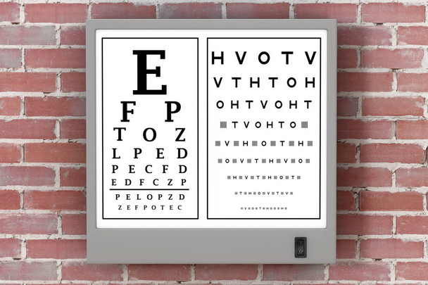 Caixa de luz Snellen Eye Chart Test na frente da parede de tijolo. Renderização 3d
 - Foto, Imagem
