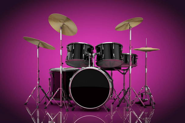 Professional Rock Black Drum Kit on a red magenta background. 3d Rendering - Foto, Imagem