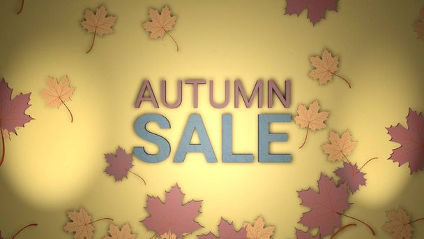 Banner de venda de outono, folha de árvore colorida de papel de renderização 3d no fundo amarelo
.  - Foto, Imagem
