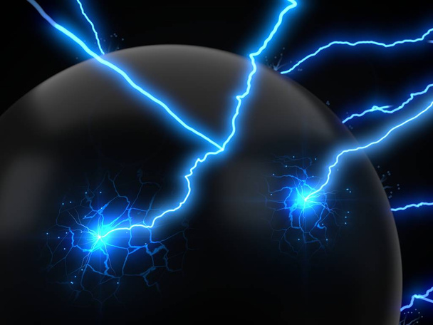 krachtige lightning strikes op bol en maakt scheuren op het oppervlak van bol. 3D illustratie - Foto, afbeelding