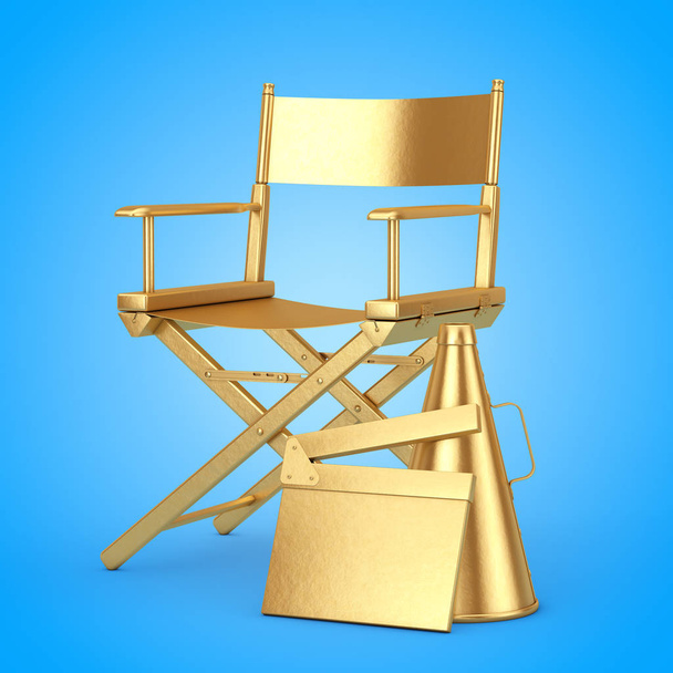 Golden Director Chair, Movie Clapper and Megaphone on a blue background. 3d Rendering - 写真・画像