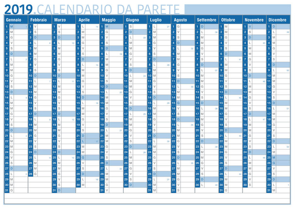 italialainen kaupallinen ja liiketoiminnan seinäkalenteri 2019, jossa on tilaa tekstille ja viikkojen lukumäärälle
 - Vektori, kuva